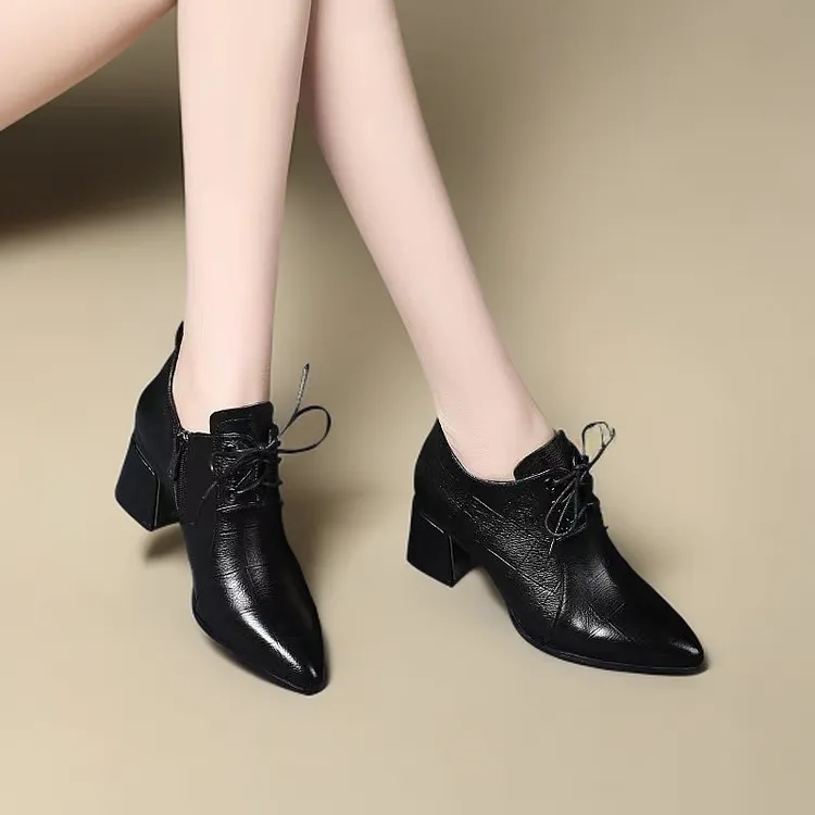 2025新款中跟粗跟深口尖头单鞋高跟秋冬秋季春季英伦风时尚女鞋