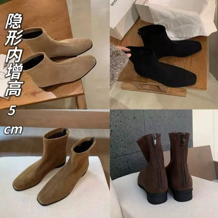 内增高 韩系复古方头时尚百搭粗跟弹力瘦瘦靴短筒靴女秋冬