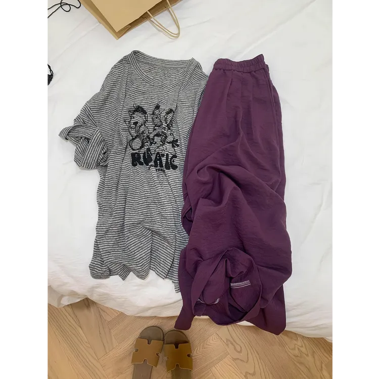 超好看葡萄紫肌理感阔腿裤女2025夏季新款百搭垂感宽松休闲长裤