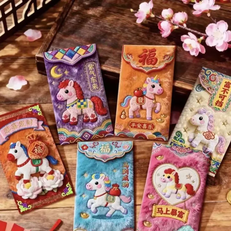 【到手30个】2026马年创意红包平面仿刺绣立体风格大号压岁利是封