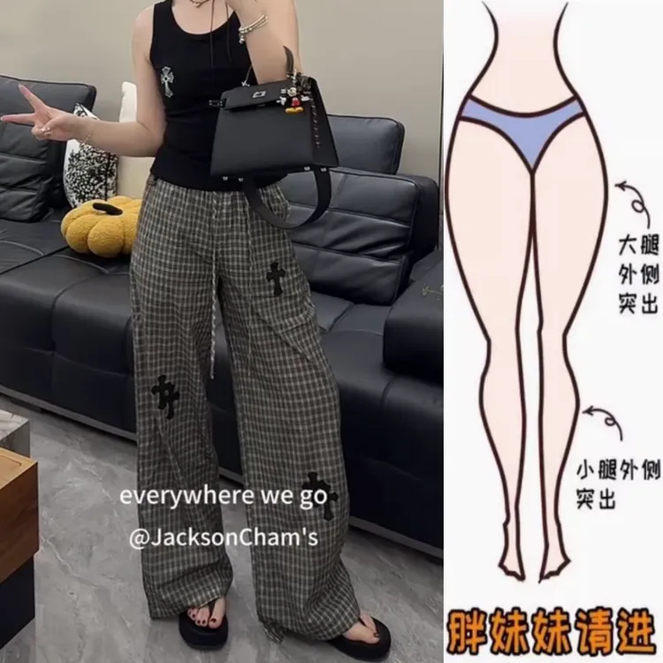 景倩妮潮流设计款格纹直筒休闲裤2025夏季新款高腰显瘦宽松阔腿裤