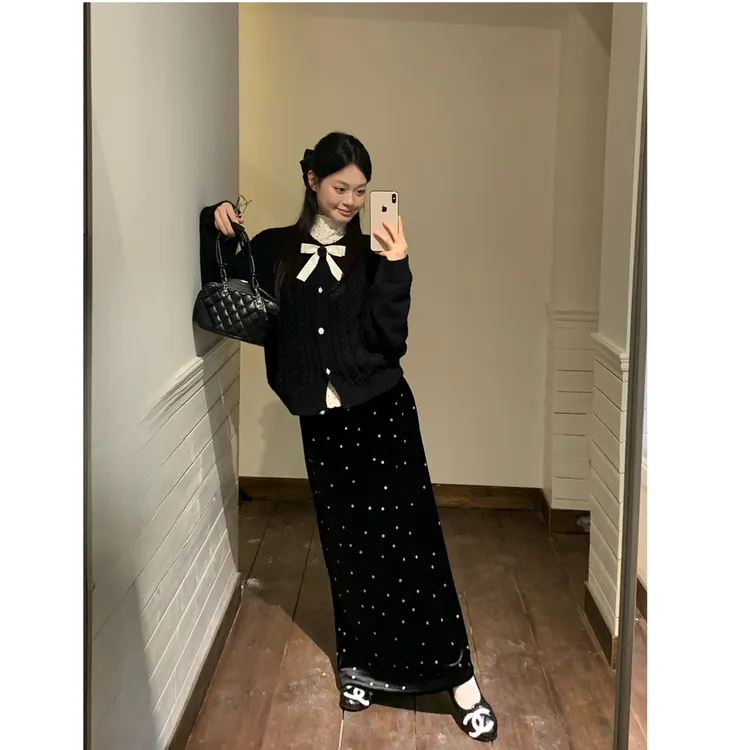 韩系巨好看学院风毛衣女秋冬季2025超火冬装一整套小个子气质长裙