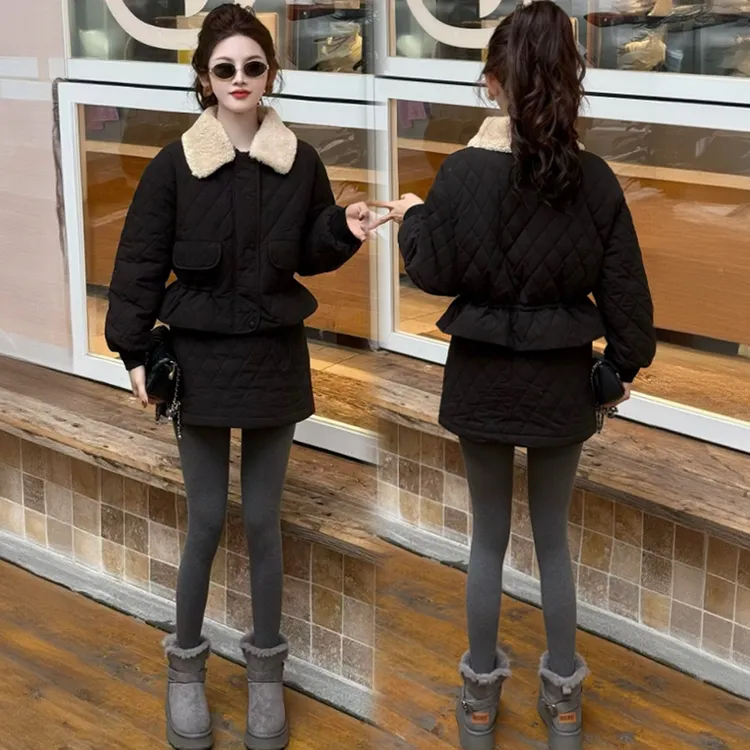 拉夏贝尔小香风时尚套装2025冬新款加厚收腰外套半身裙两件套