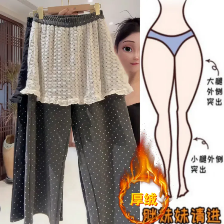 格洛森冬季新款加绒加厚显瘦松紧高腰时尚百搭直筒波点屁帘休闲裤