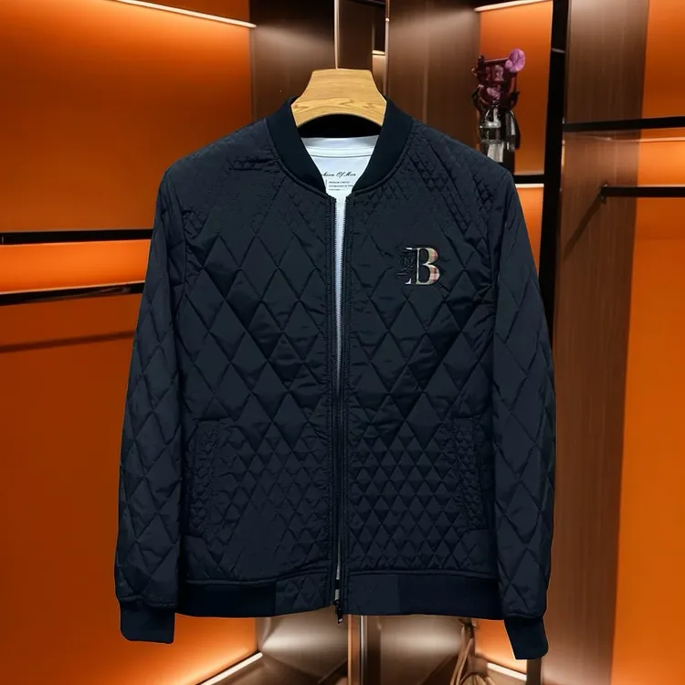 冬季薄棉新款棒球领修身潮流男士百搭保暖夹克休闲菱形纯色棉外套