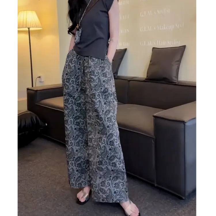 腰果花复古直筒休闲裤女2025夏季新款高腰显瘦宽松气质印花阔腿裤