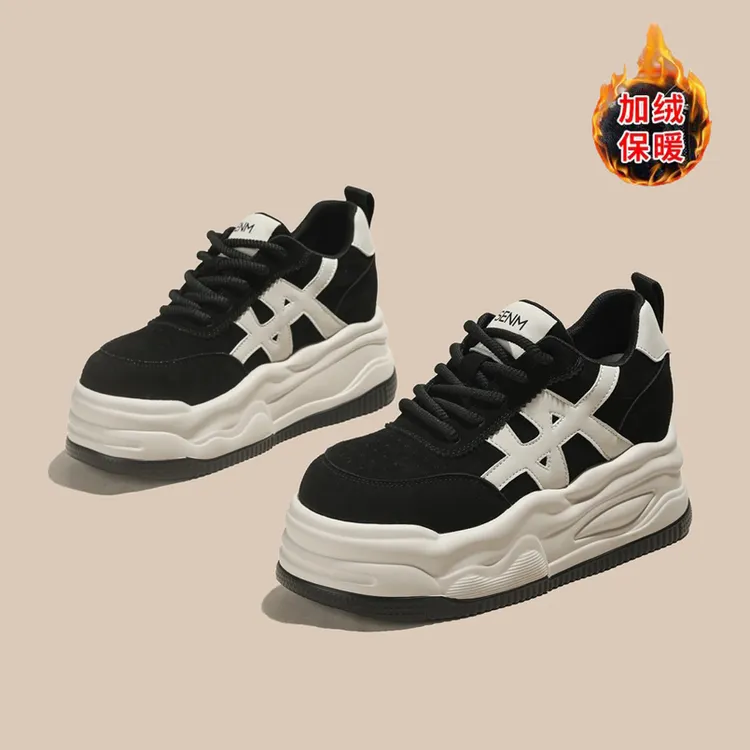 百语丽【隐形增高5CM】2025秋冬季新款百搭透气真皮厚底小白鞋A121