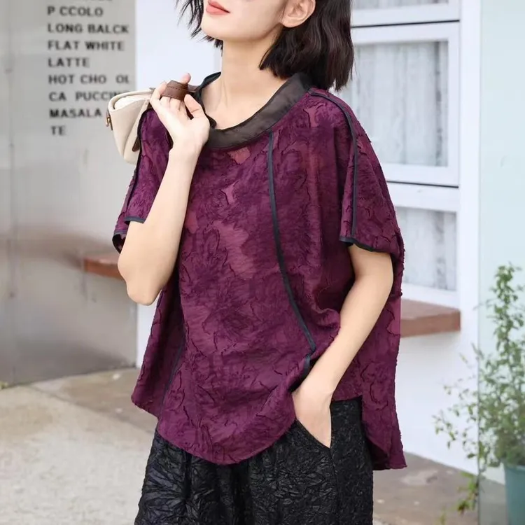 新中式紫色衬衫女2025夏季洋气减龄百搭显瘦独特别致小衫立领上衣