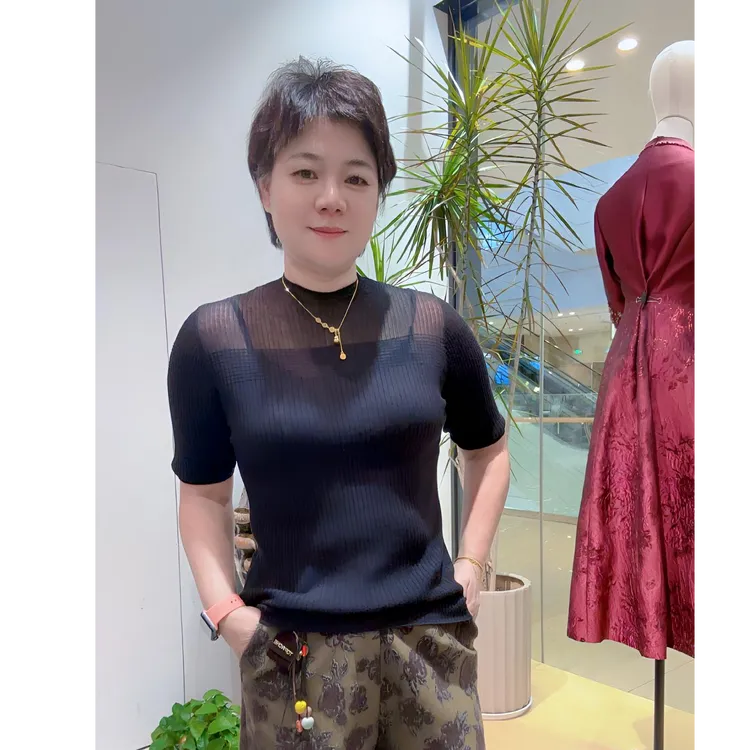 半高领网纱拼接针织衫短袖T恤女2025新款精致内搭打底衫中袖上衣