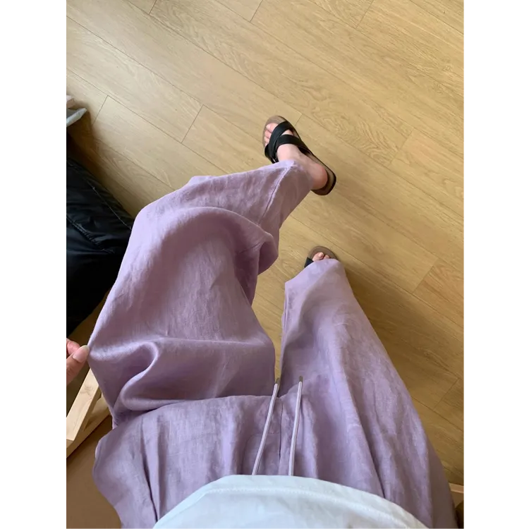 今年流行的紫色亚麻阔腿裤女夏季薄款面料软薄透气直筒裤子