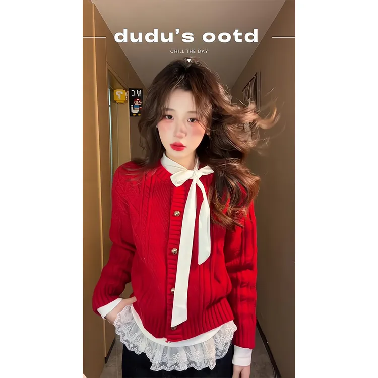 2025过新年红色毛衣针织开衫外套气质上衣牛仔裤直筒裤拖地阔腿裤