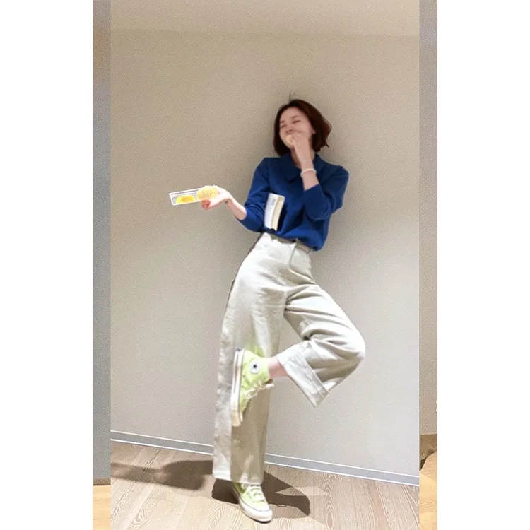 2025秋季新款宽松显瘦小个子POLO领蓝色毛衣女时尚高腰休闲直筒裤