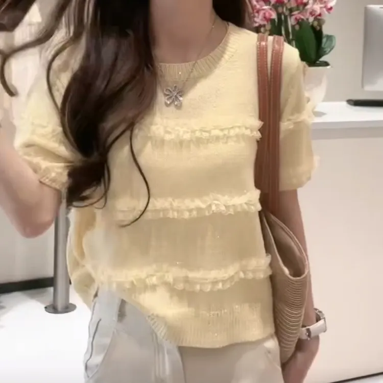 夏季薄款针织短袖T恤女2025新款设计感高级感时尚百搭显瘦上衣