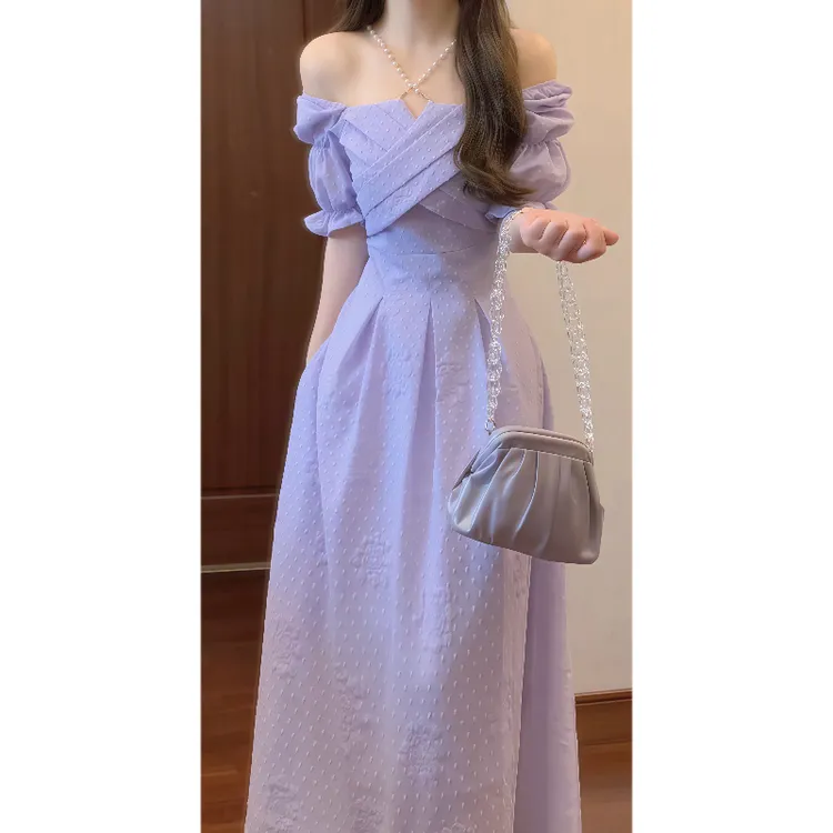 法式温柔一字肩方领两穿珍珠链连衣裙泡泡袖气质公主礼服长裙9390