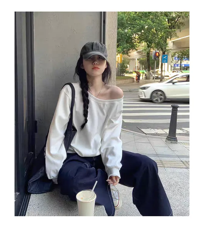 美式慵懒斜肩露肩卫衣女春秋季新款松弛感oversize甜辣妹长袖上衣