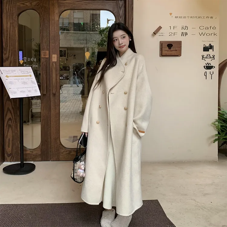 2025秋冬中长款潮流双面绒毛呢外套女灰色立领质感小个子呢子大衣