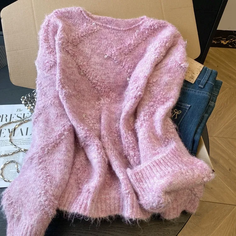 甜美风设计感软糯加厚套头长袖针织毛衣女冬季时尚减龄针织上衣潮