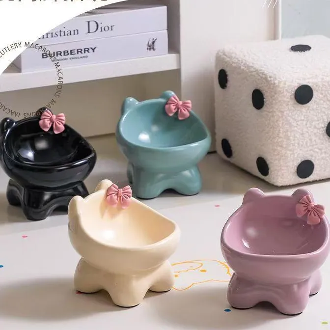 可爱蝴蝶结猫碗陶瓷狗食盆斜口中小型宠物碗粮碗饭碗增高SW028