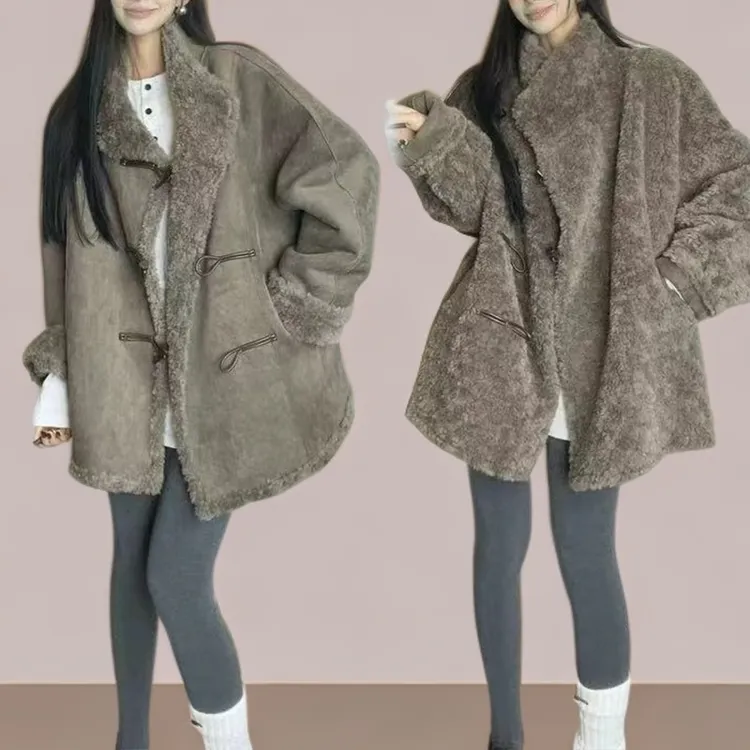 牛角扣大衣皮毛一体毛毛外套女2025年新款冬季双面穿仿羊羔毛保暖