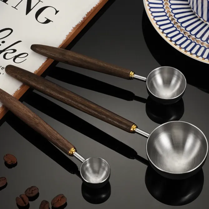 咖啡304不锈钢咖啡勺胡桃木长柄咖啡粉计量专用勺子烘焙工具量勺