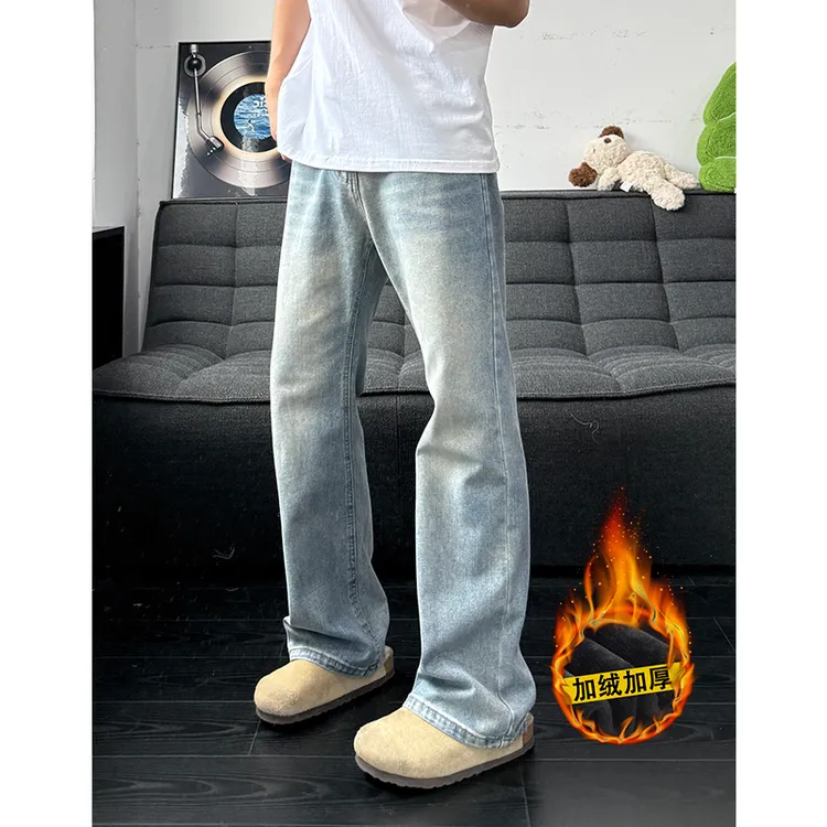复古蓝微喇牛仔裤男款秋冬加绒高街美式vibe窄版直筒裤加长裤子
