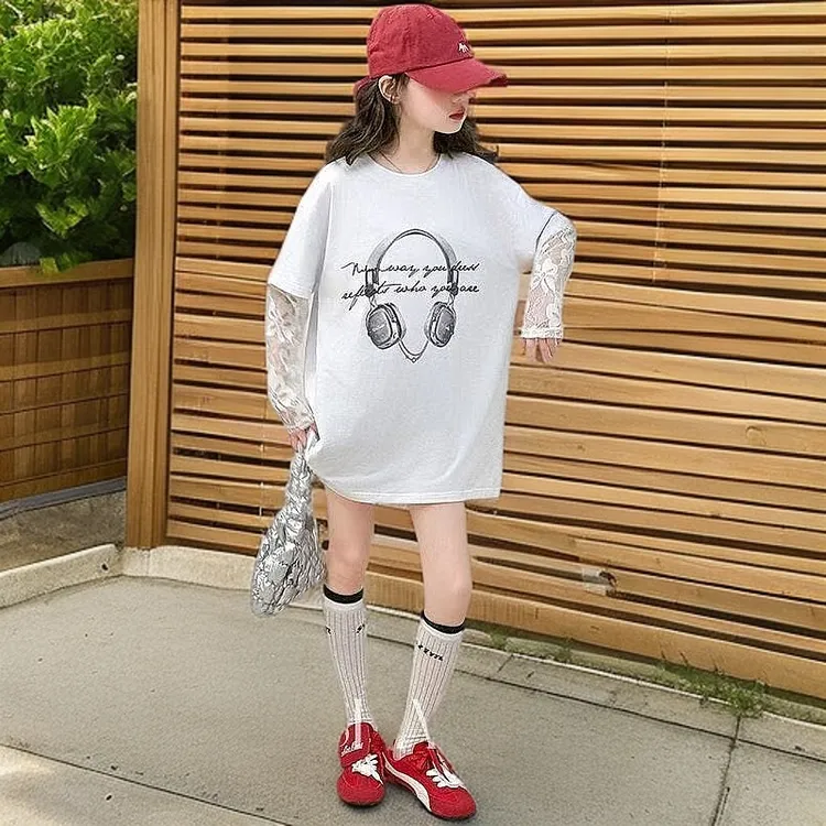 女童假两件T恤2025新款夏季中大童蕾丝拼接长袖时髦洋气防晒上衣