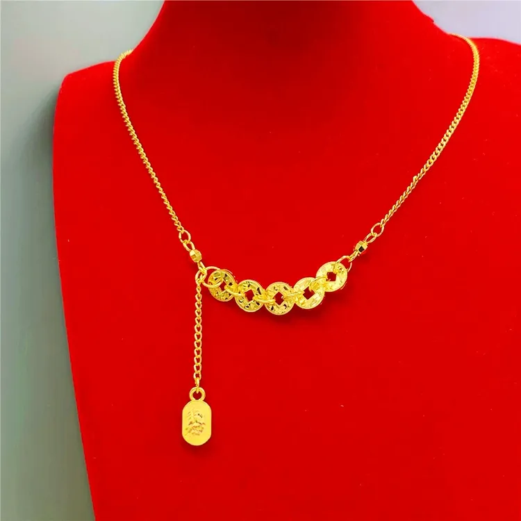 铜合金项链 碎碎冰金色五帝钱项链百搭女款新中式爆闪气质不掉色T