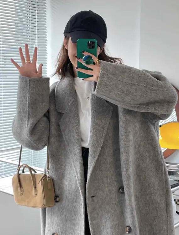 浅灰色韩版宽松中长款双面毛呢大衣女秋冬爆款外套羊毛加厚时尚