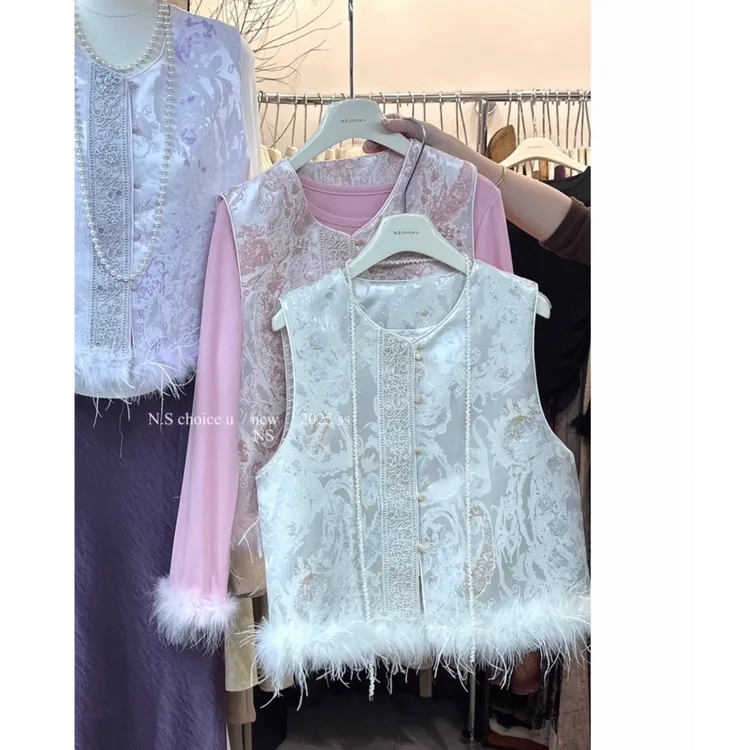 【加棉加厚➕毛毛可拆卸】新中式重工提花工艺钉珠排扣鸵鸟毛马甲