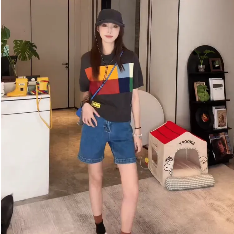 PCNY「彩块逸趣」不理理秋季新款小众女装彩格拼色POLO领短袖女t恤