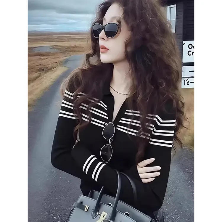 韩系穿搭条纹半开领长袖打底针织衫女秋冬宽松慵懒高级感A12174