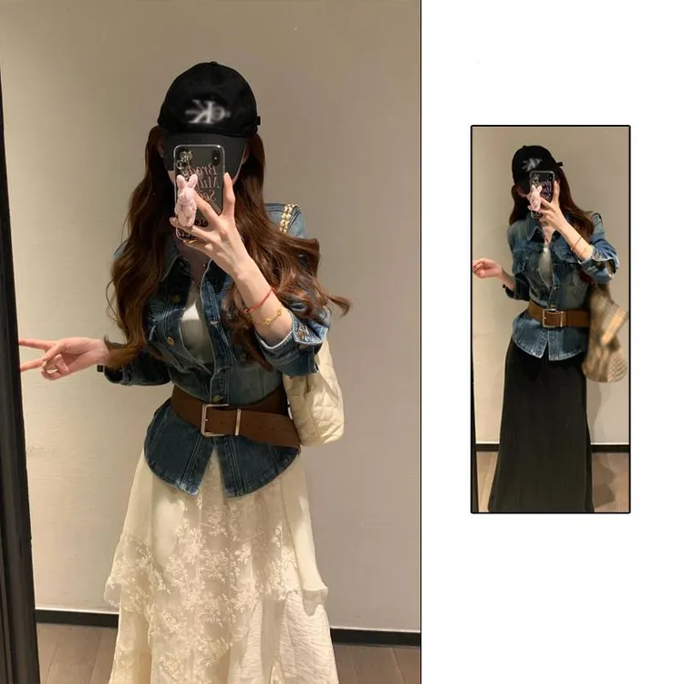 港风覆古正肩修身收腰牛仔外套女春秋2025新款设计感长袖衬衫上衣