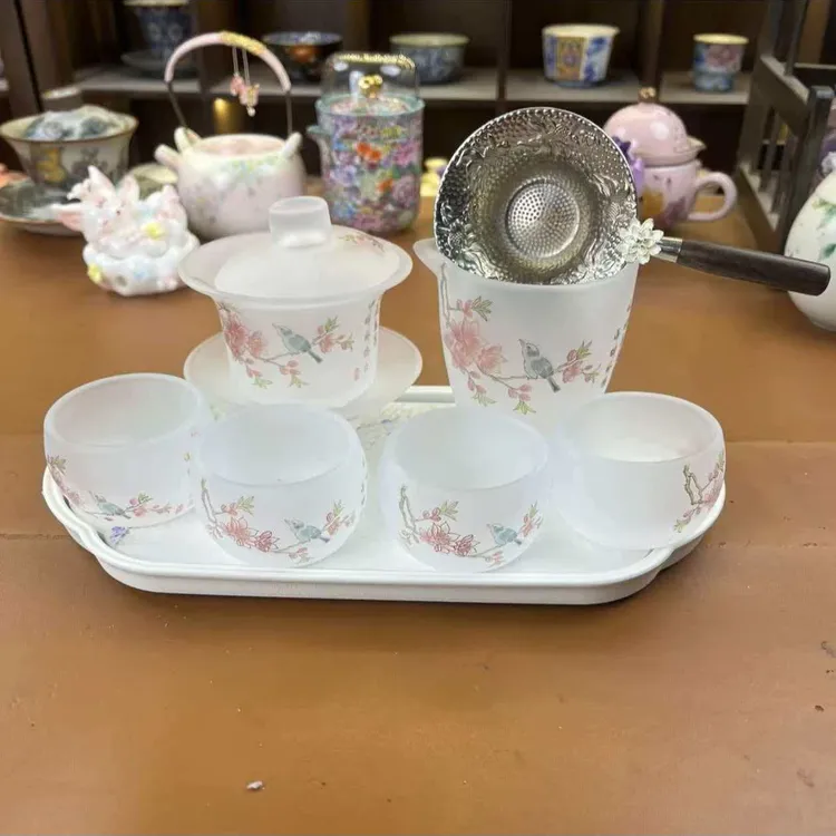 ZH930-喜上眉梢琉璃一盖碗四杯加公道加茶盘