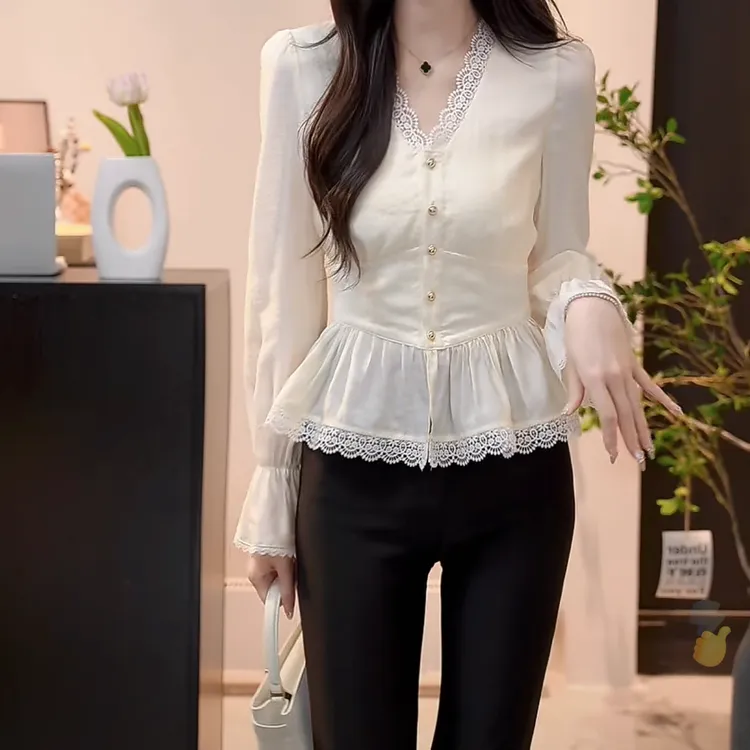 法式时尚高级感气质V领长袖显瘦衬衫女2025春款时尚白色长袖衬衣