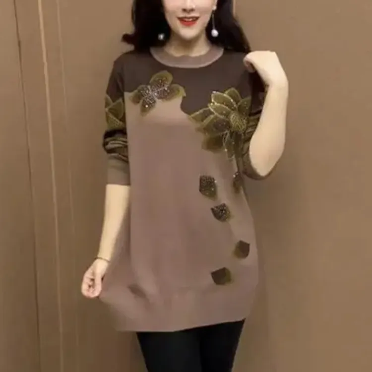 百搭烫钻2025秋冬季加厚款女装针织保暖衣新款中老年妈妈装打底衫