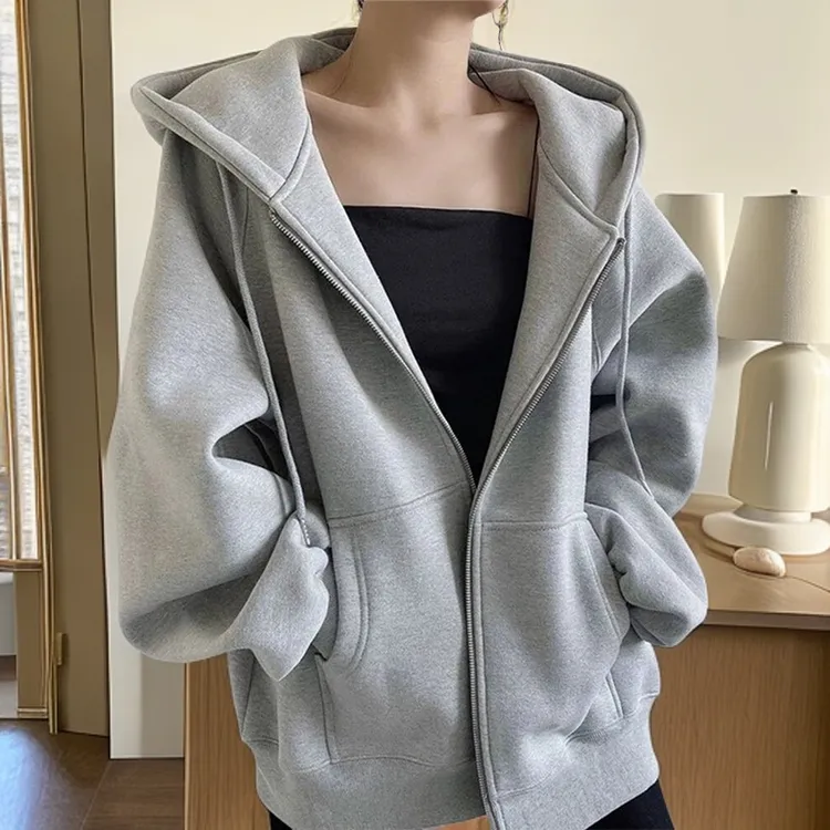 山东即墨灰色连帽卫衣外套女2025新款秋冬季加绒宽松显瘦开衫上衣