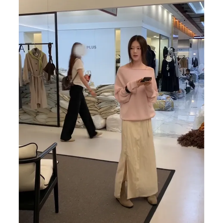 MARIE.COCO韩系chic甜美粉色一字肩长袖上衣女时尚气质开叉半身裙