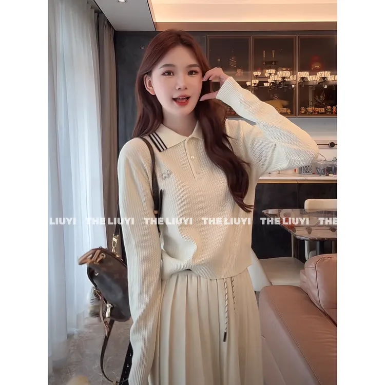 【LIUYI】秋季翻领针织上衣+松紧腰百褶半身裙580111