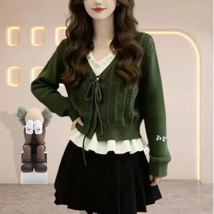 2025秋冬季新款韩系时尚v领假两件针织衫气质百搭显瘦长袖上衣