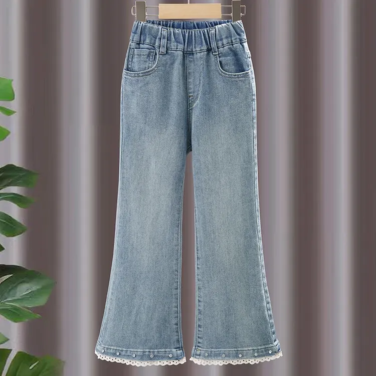 女童裤子春秋款2025新款儿童牛仔裤微喇洋气大童弹力秋季浅蓝长裤