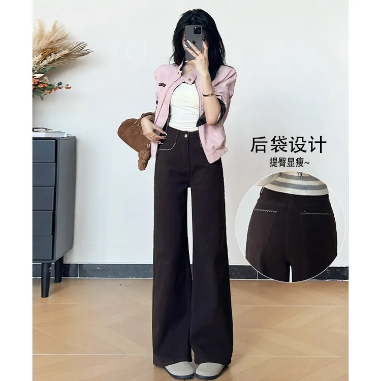 乔栈美拉德咖色复古港风刺绣阔腿牛仔裤女秋冬新款高腰小个子直筒