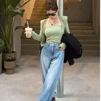 【YKL】薄雾山樱 橄榄绿吊带开衫两件套蓝色侧拼接牛仔直筒裤