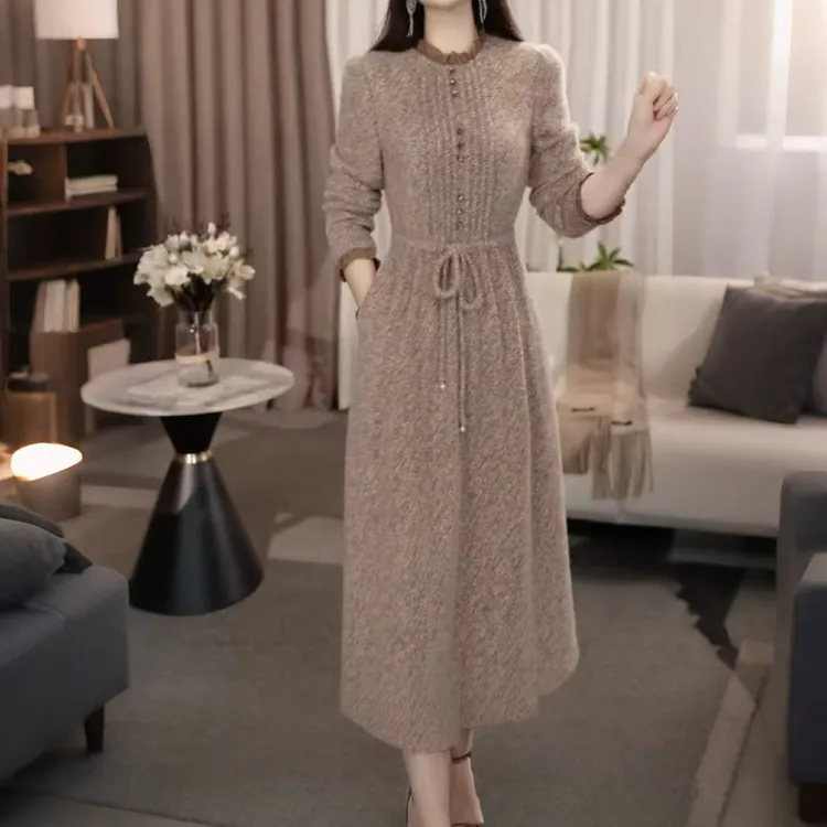 【衣雅严选】8102-2604#新款秋冬季加厚优雅系带显瘦高定连衣裙