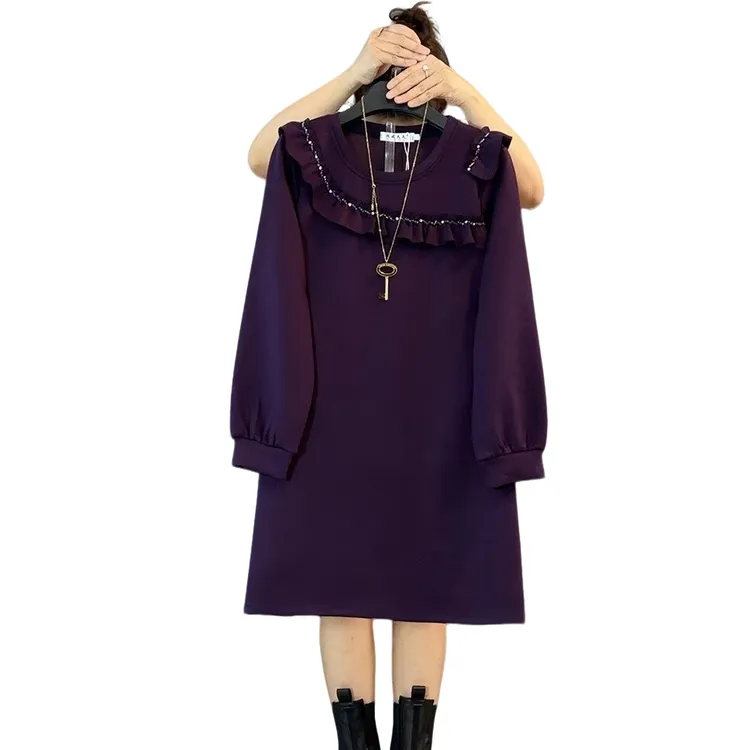 大维罗依RF欧货新款木耳边点钻设计感宽松遮肉卫衣裙