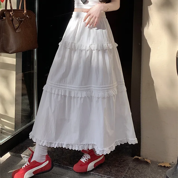 白色蕾丝蛋糕半身裙女新款高腰设计感a字百搭中长裙显瘦小个子