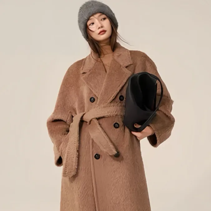 秘鲁进口101801苏力羊驼毛大衣女长款高端咖啡色双面羊毛呢外套