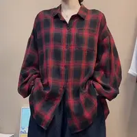 磨毛棉红格子龟背衬衫女宽松