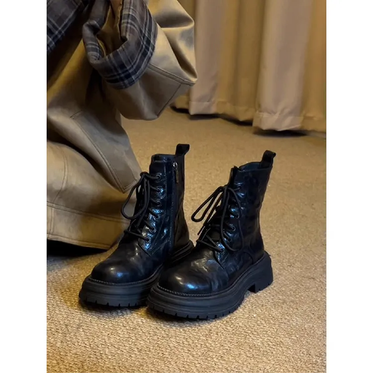 牛皮版~复古厚底英伦系带圆头马丁靴女2025通勤秋冬加绒机车短靴