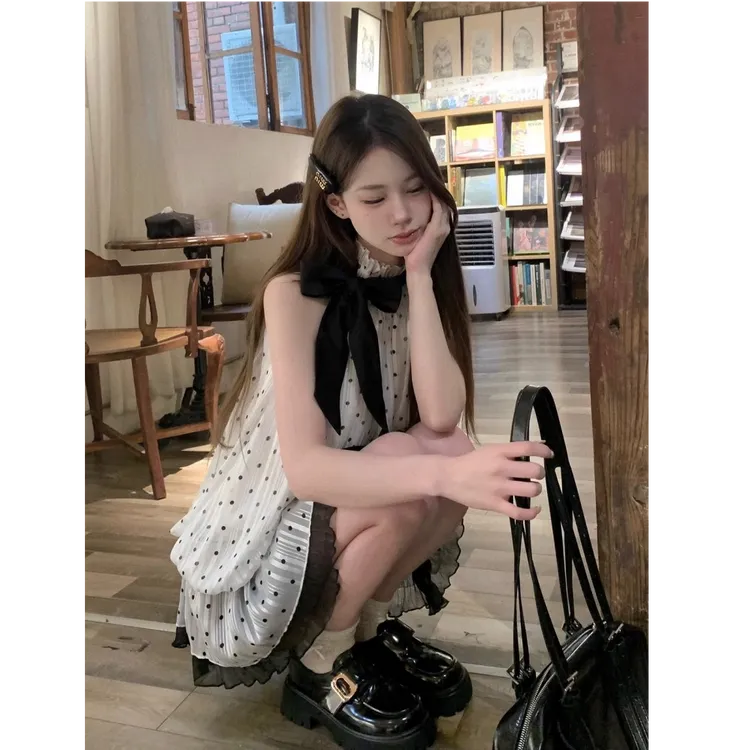 法式温柔风古早千金波点连衣裙女无袖气质2025新款夏季裙子