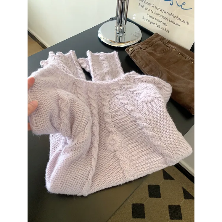 刺绣一字肩套头长袖针织衫毛衣女2025新款设计感小众早秋chic上衣